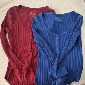 Aerie Long Sleeve Ribbed Tees - Red and Blue